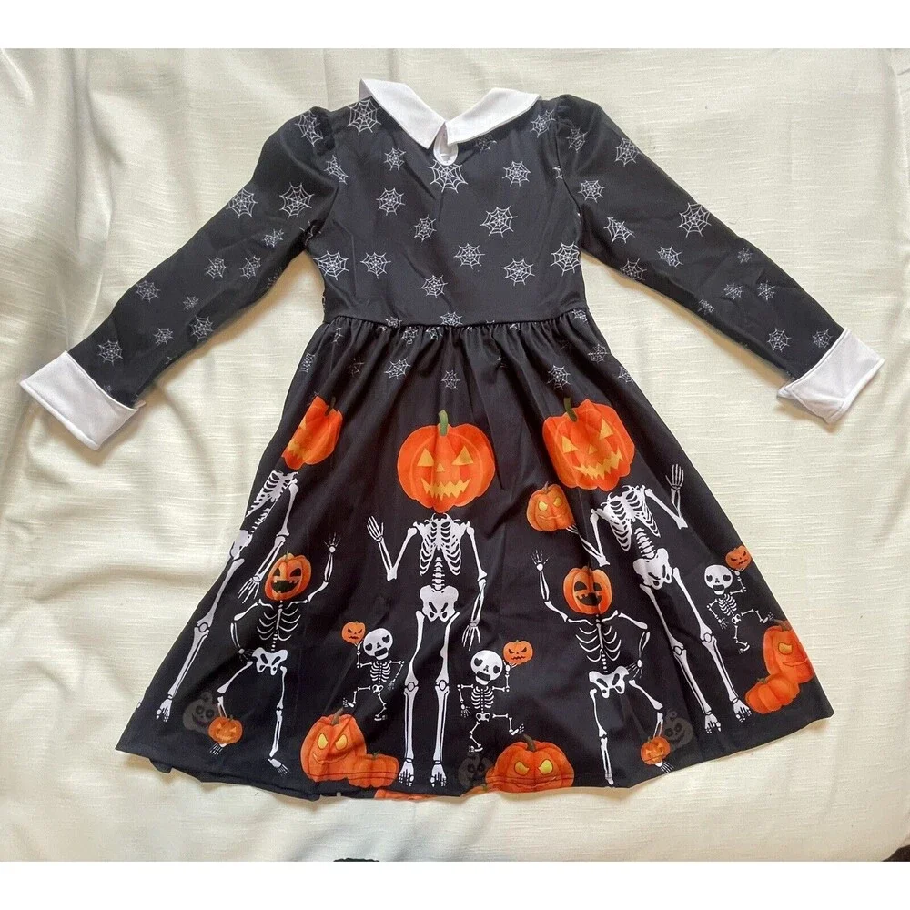 ALLIFly Girls Long Sleeve Peter Pan Collar Skeleton Halloween Dress Sz 10 New